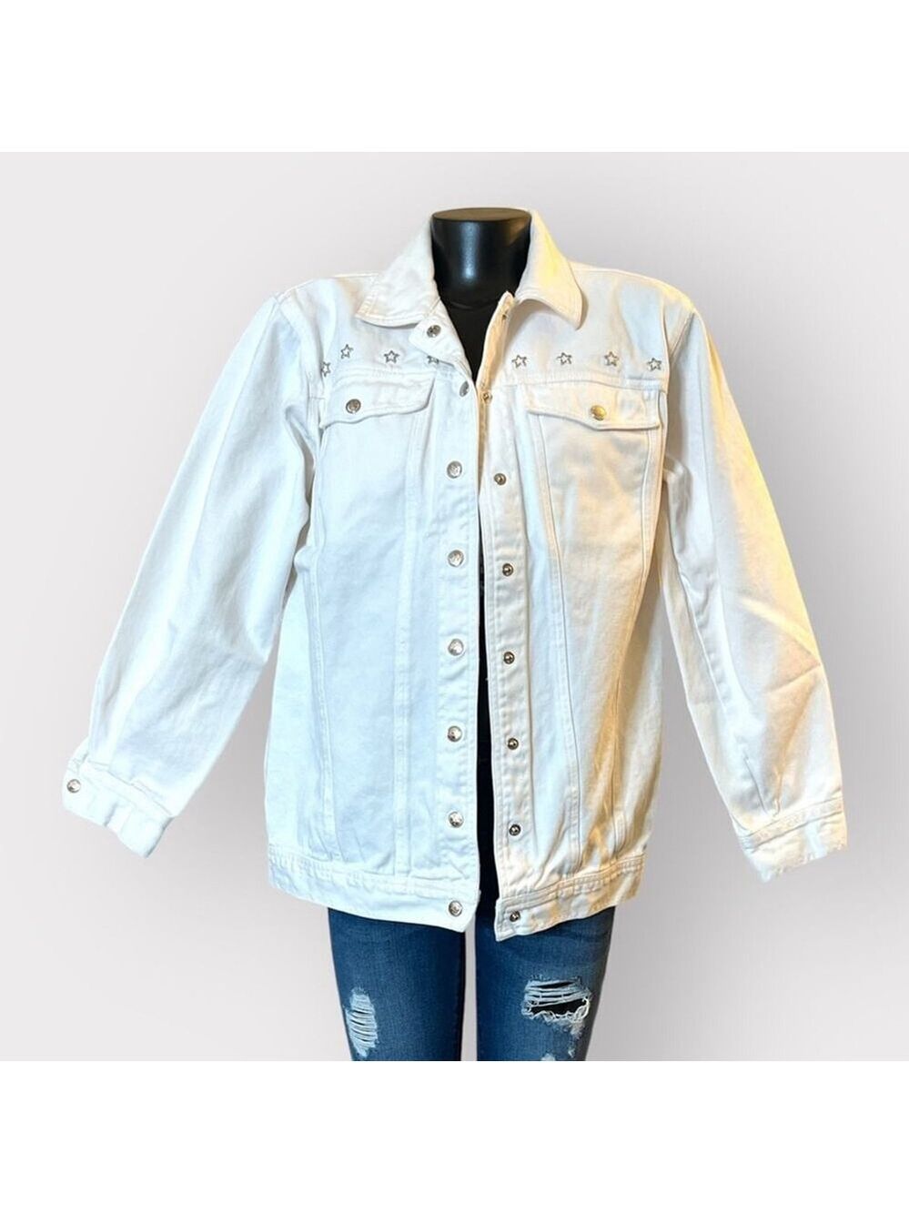 Avon VINTAGE Oversized Boyfriend Boxy Denim Jacket sz Medium Large White Stars